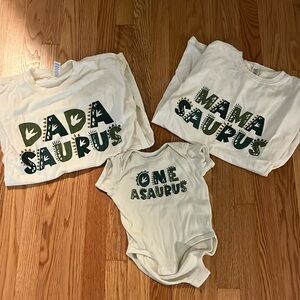 Mamasaurus size small, Dadasaurus size medium, and oneasaurus size 18 month